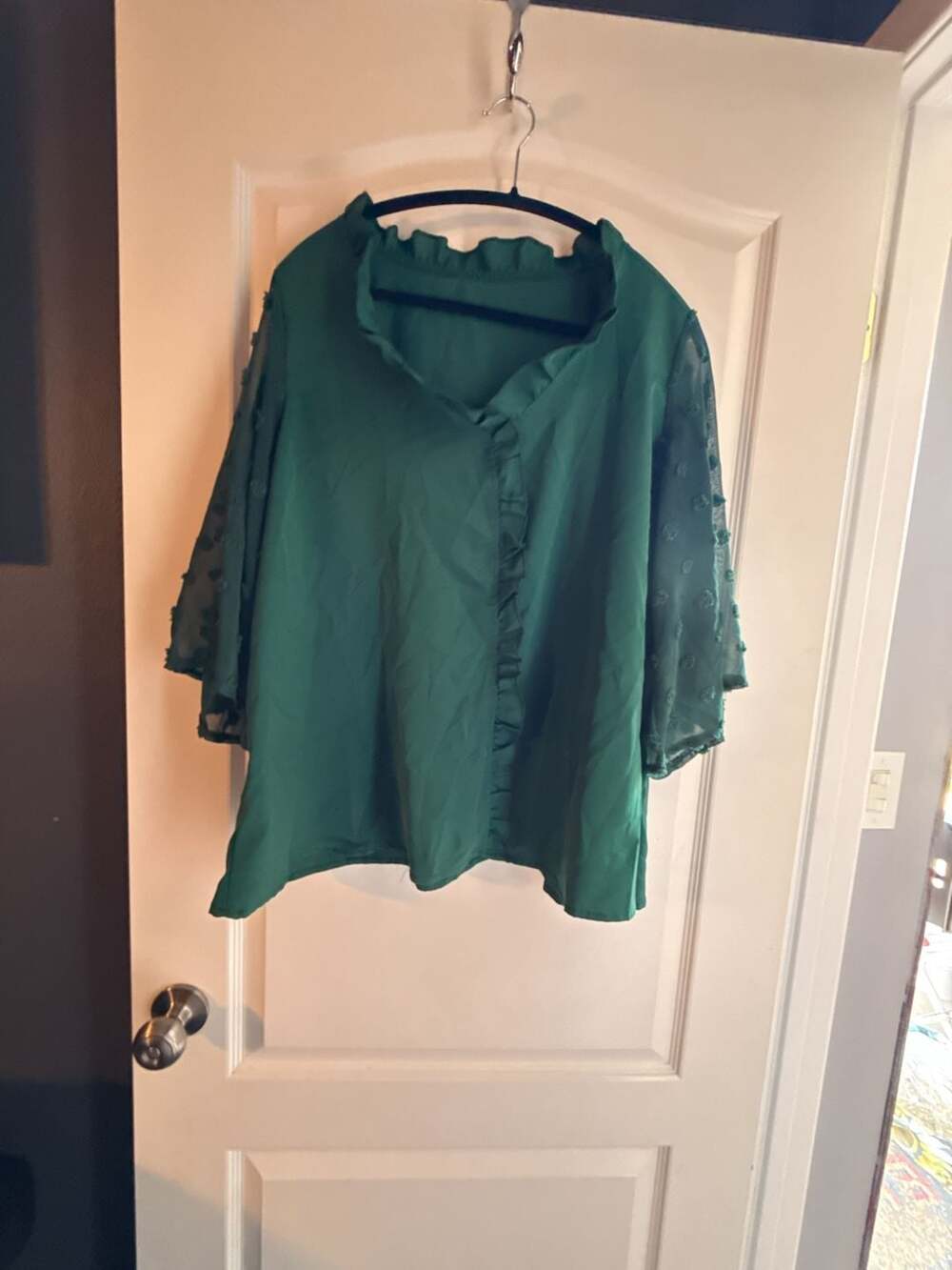 Emerald Green Swiss Dot V-Neck Blouse with Ruffled Trim